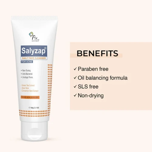 FIXDERMA 2% Salicylic Acid Face Cleanser, Salyzap Daily Face Cleanser for Acne - 60 gm