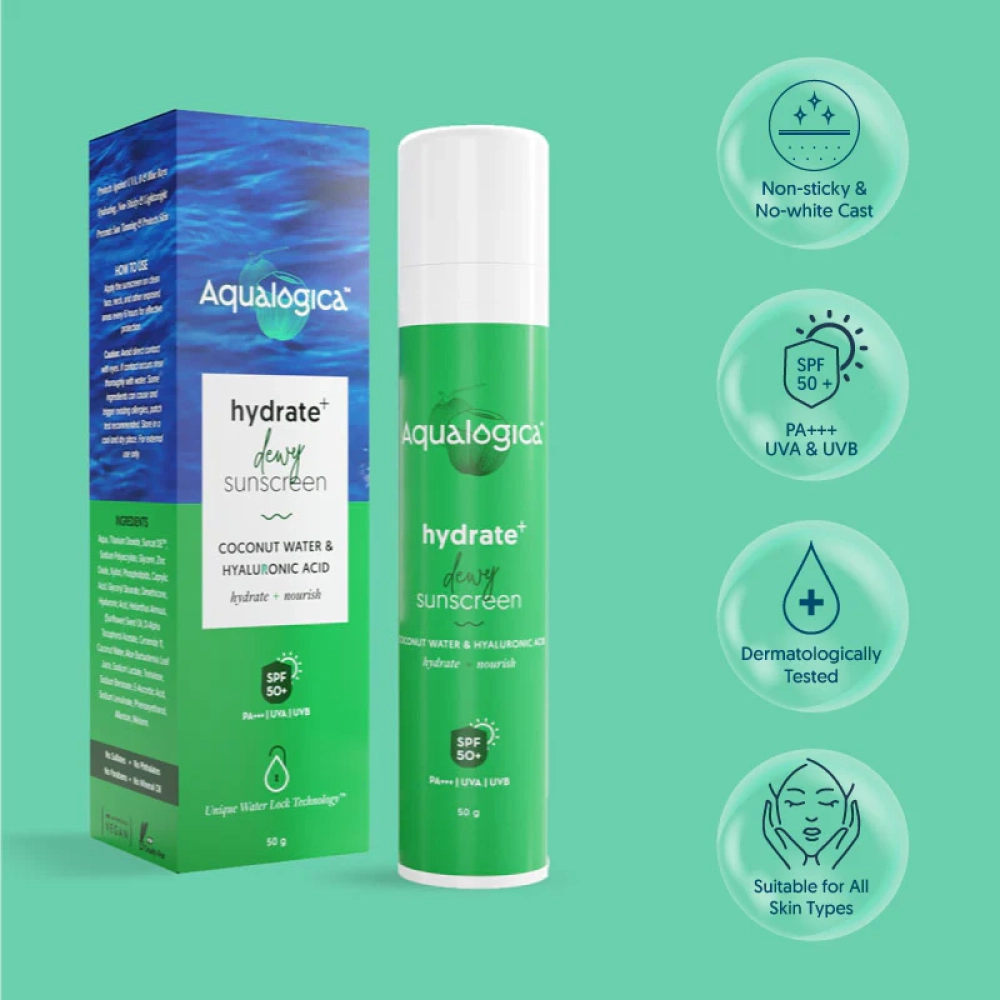 Aqualogica Hydrate+ Dewy Sunscreen SPF 50 PA++++ with Coconut Water & Hyaluronic Acid 50g