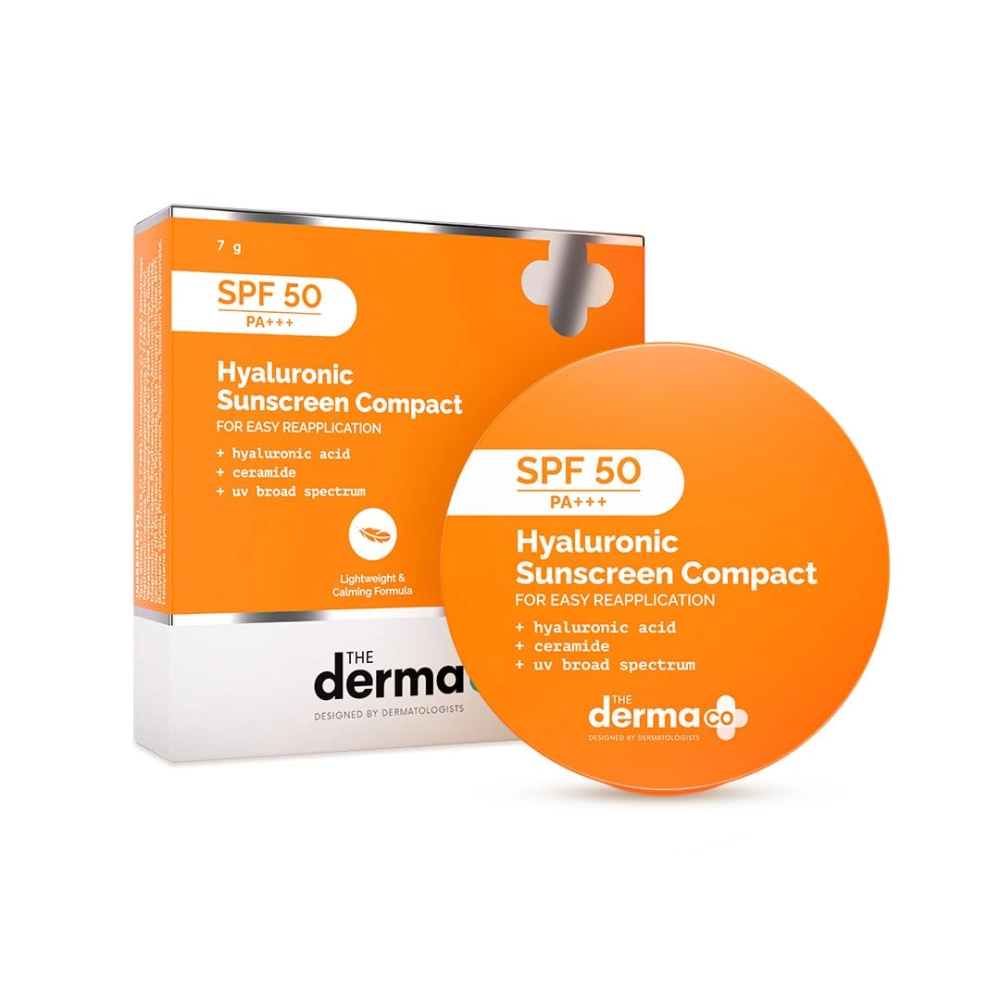 The Derma Co Hyaluronic Sunscreen Compact Powder SPF 50 PA+++ with Ceramides For All Skin Types | Matte Finish | Even Skin Tone | Oil Control | Non sticky - 7g