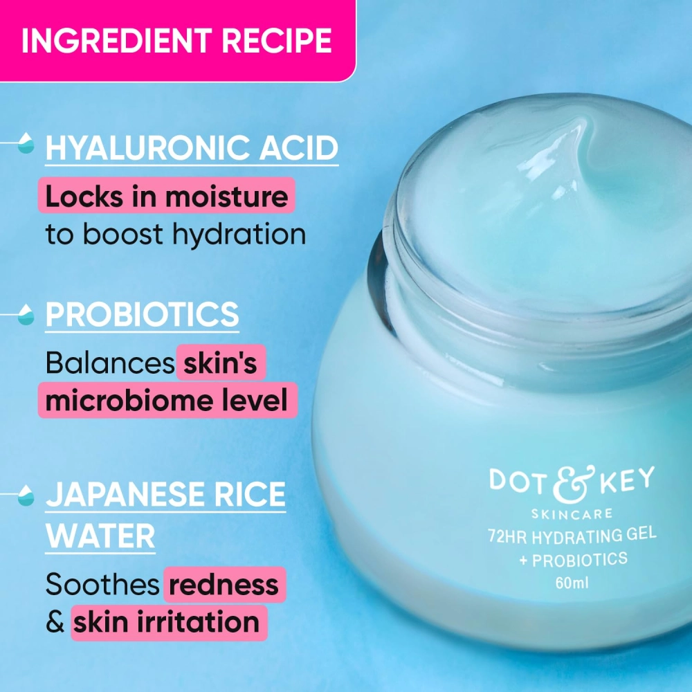 Dot & Key 72Hr Hydrating Gel + Probiotics Moisturizer For Face With Hyaluronic Acid, Kombucha & Rice Water Lightweight Gel Oil Free Moisturizer | For Oily, Dull & Uneven Skin Tone I For All Skin Types | 60Ml