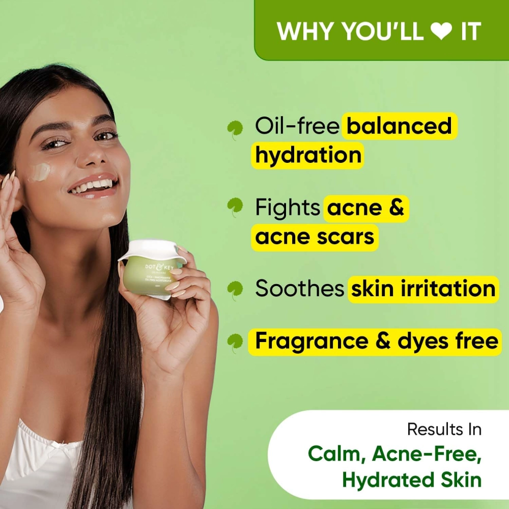 Dot & Key Cica + Niacinamide Oil-Free Face Moisturizer For Calm, Acne Free Hydrated Skin Fades Acne Scars & Dark Spots, Soothes Redness & Irritation | For Oily, Acne Prone & Sensitive Skin | 60Ml