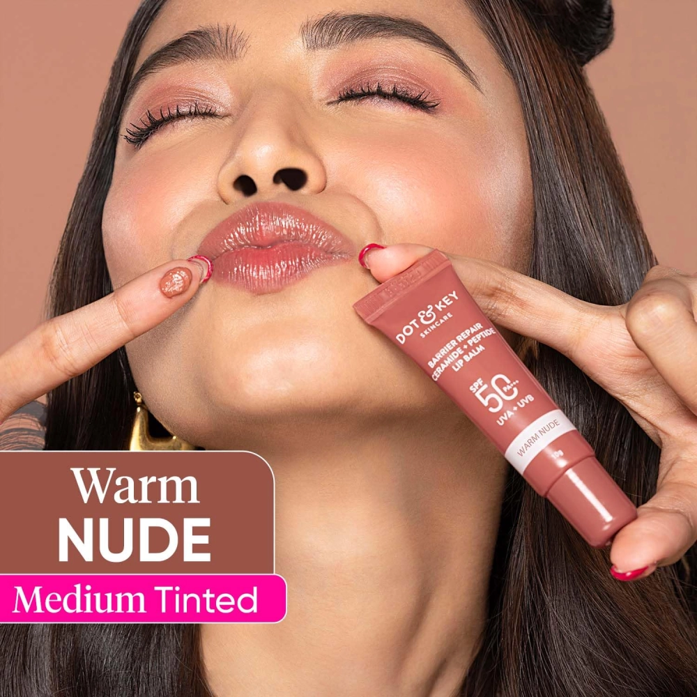Dot & Key Ceramide & Peptide Barrier Repair Lip Balm SPF 50, PA+++ | Warm Nude | UVA/UVB Lip Protection | Soft Tinted Lip Moisturizer | Boosts Collagen & Instantly Plumps Lip | Prevents Pigmentation| Lip Balm for Women | 10gm