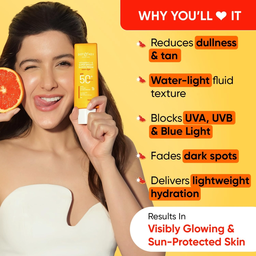 Dot & Key Vitamin C + E Super Bright Sunscreen Spf 50 |Water-Light,UVA/UVB & Blue Light Protection|For Even Toned & Glowing Skin|With Liquid Spf 50+++| No White Cast| For All Skin Types| 50G