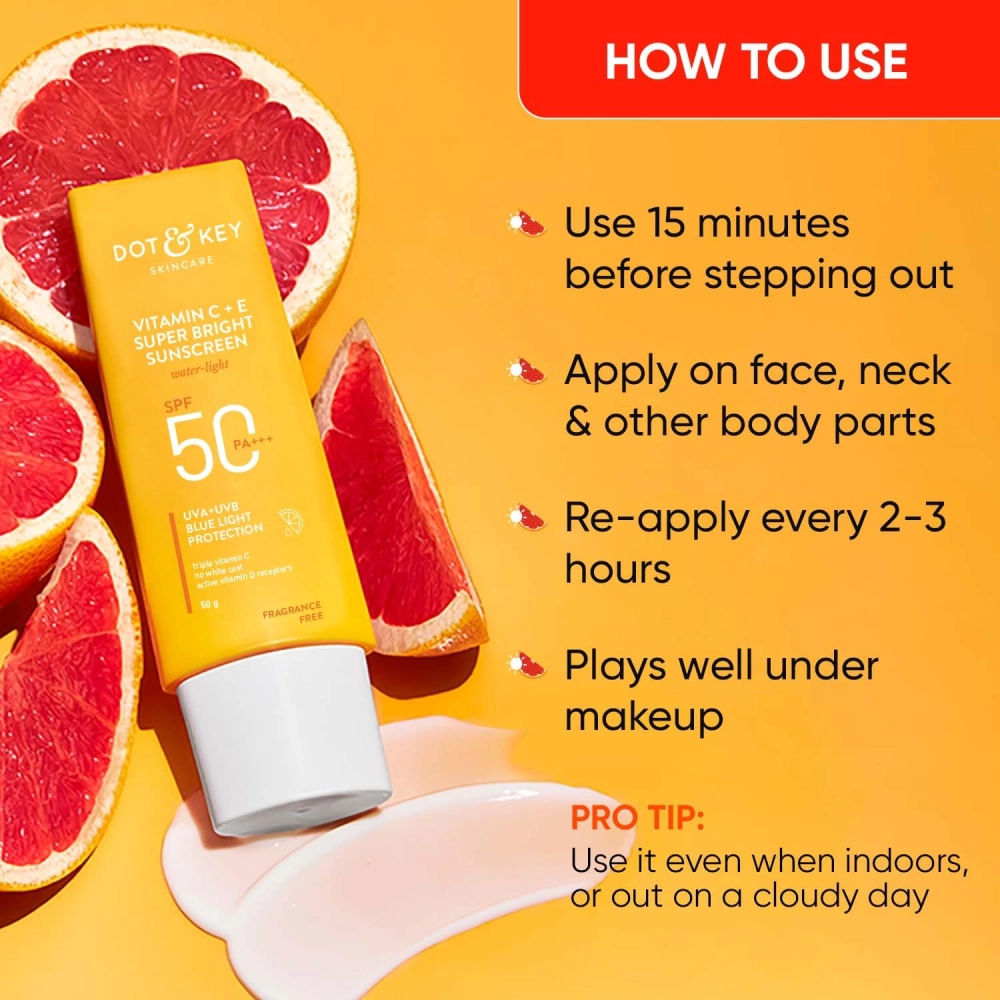 Dot & Key Vitamin C + E Super Bright Sunscreen Spf 50 |Water-Light,UVA/UVB & Blue Light Protection|For Even Toned & Glowing Skin|With Liquid Spf 50+++| No White Cast| For All Skin Types| 50G