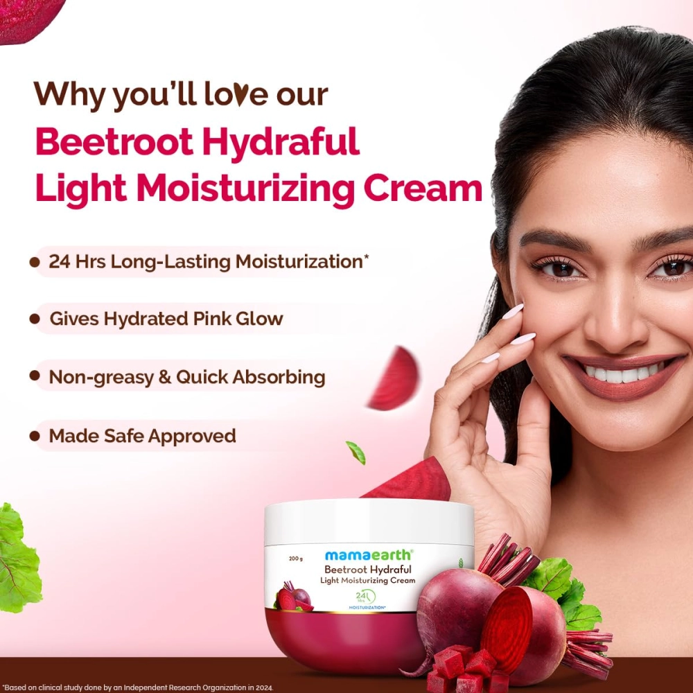 Mamaearth Beetroot Hydraful Light Moisturizing Cream with Beetroot & Hyaluronic Acid for Pink Glow - 200g