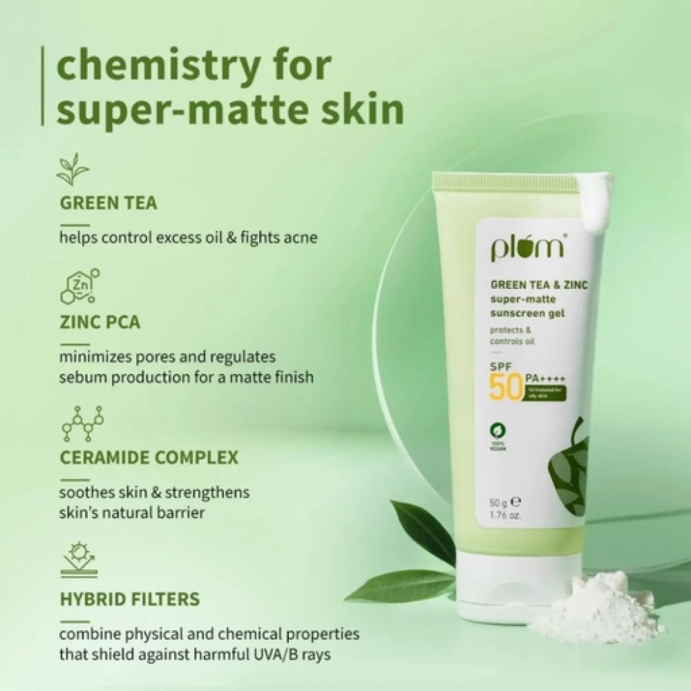 Plum Green Tea & Zinc Super-matte SPF 50 PA+++ Sunscreen Gel for Oily Skin 50g