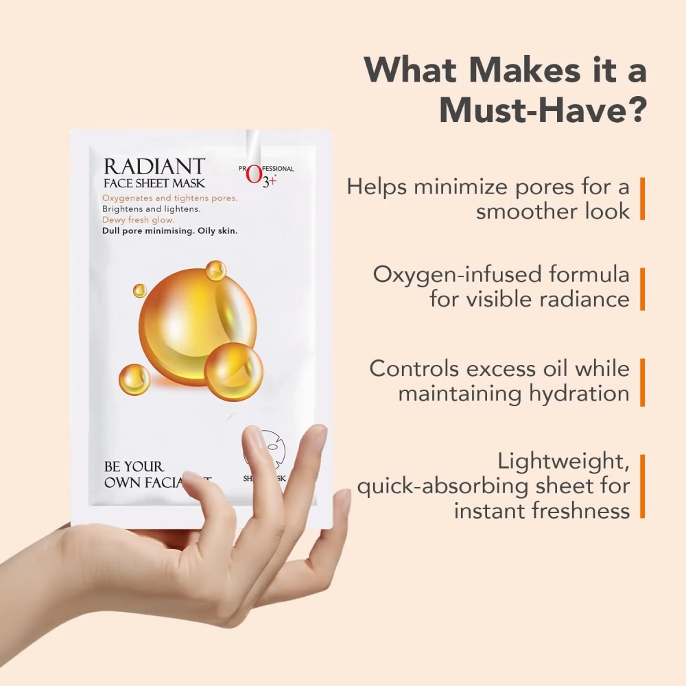 O3+ Facialist Radiant Face Sheet Mask for Oxygenates and tightens pores